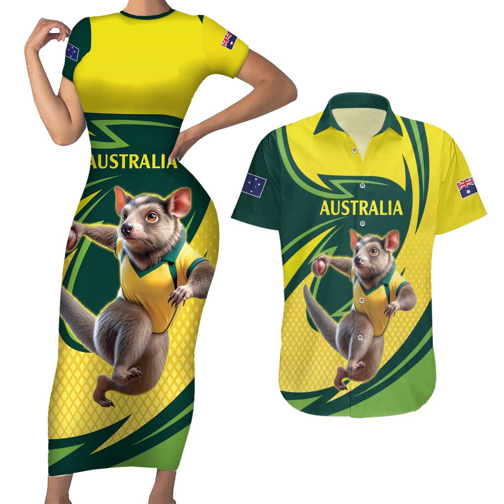 Australian Tasmanian Pademelon Cricket Custom Couples Matching Short Sleeve Bodycon Dress and Hawaiian Shirt Aussie National Color