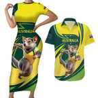 Australian Tasmanian Pademelon Cricket Custom Couples Matching Short Sleeve Bodycon Dress and Hawaiian Shirt Aussie National Color