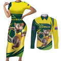 Australian Tasmanian Pademelon Cricket Custom Couples Matching Short Sleeve Bodycon Dress and Long Sleeve Button Shirt Aussie National Color
