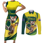 Australian Tasmanian Pademelon Cricket Custom Couples Matching Short Sleeve Bodycon Dress and Long Sleeve Button Shirt Aussie National Color