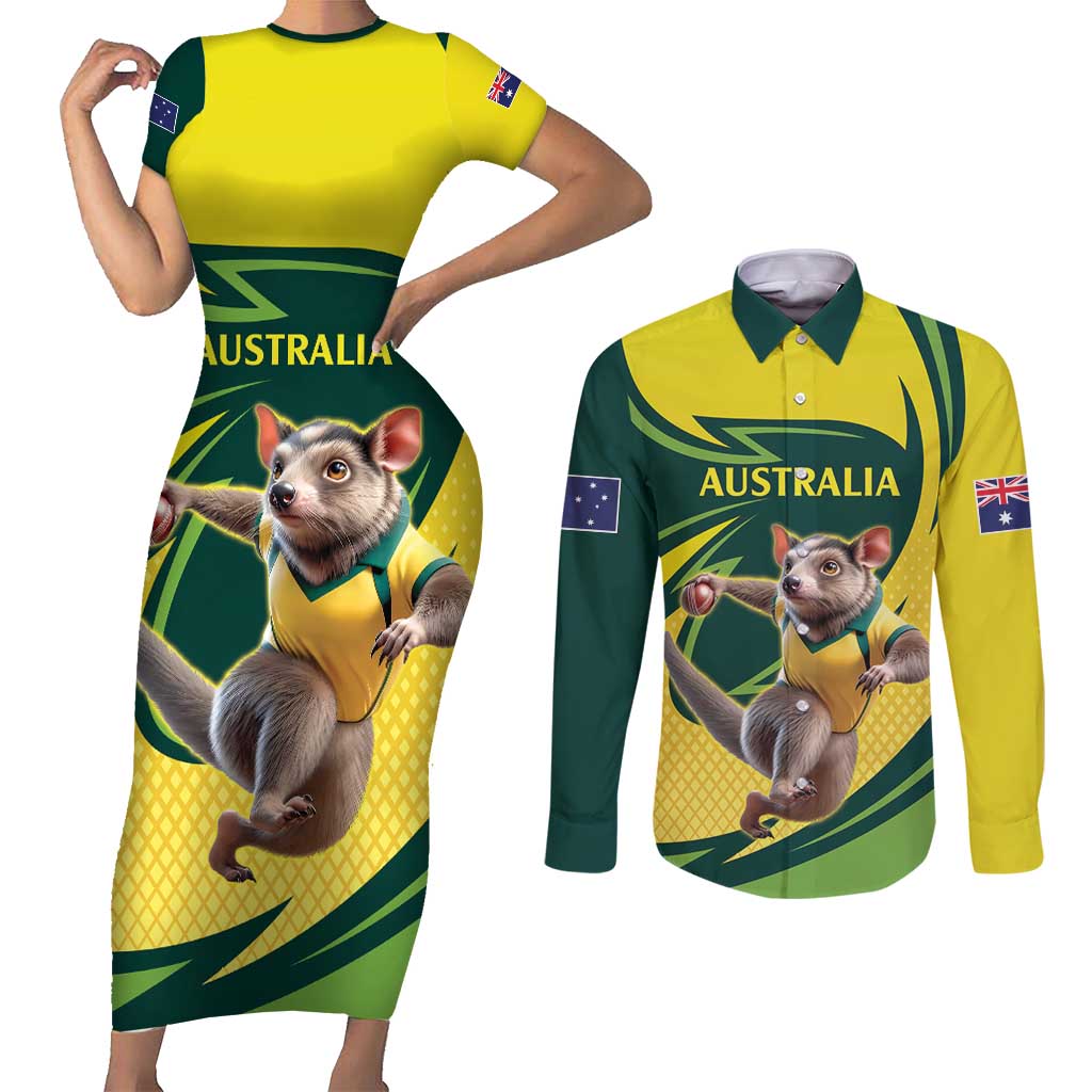 Australian Tasmanian Pademelon Cricket Custom Couples Matching Short Sleeve Bodycon Dress and Long Sleeve Button Shirt Aussie National Color