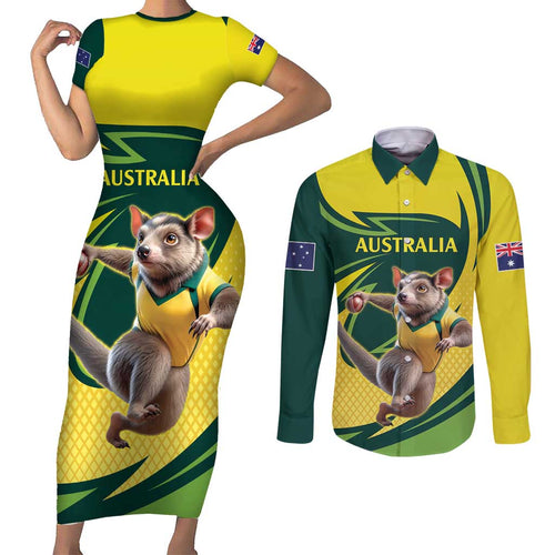 Australian Tasmanian Pademelon Cricket Custom Couples Matching Short Sleeve Bodycon Dress and Long Sleeve Button Shirt Aussie National Color