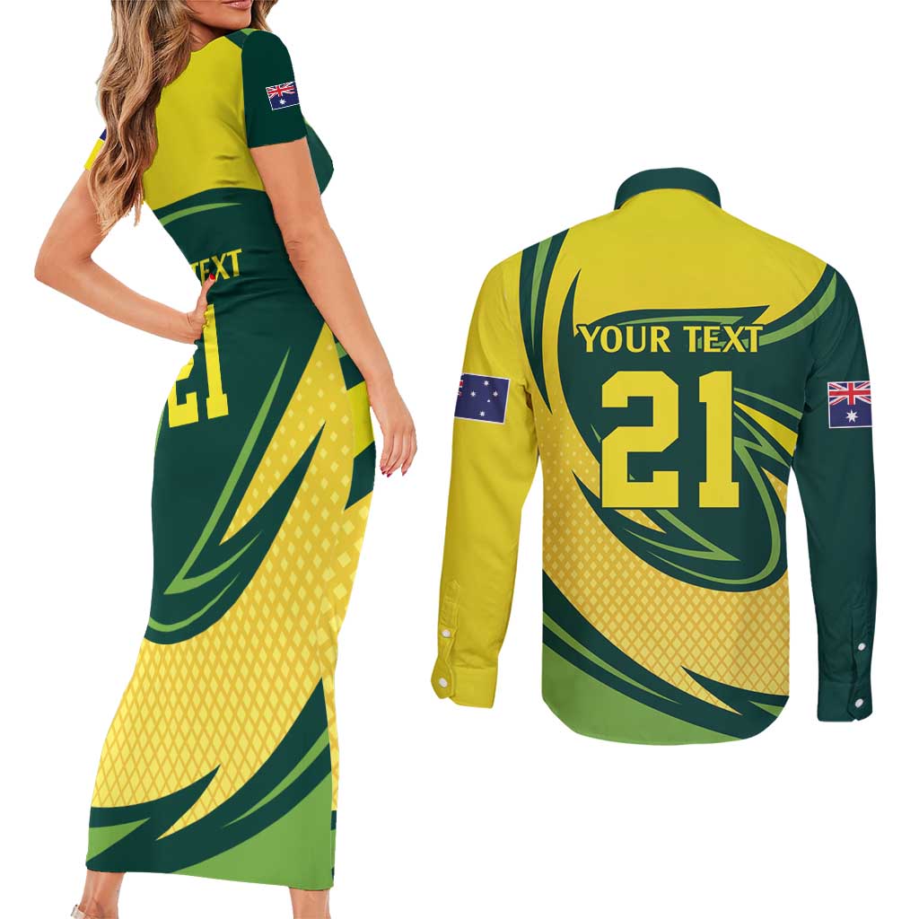 Australian Tasmanian Pademelon Cricket Custom Couples Matching Short Sleeve Bodycon Dress and Long Sleeve Button Shirt Aussie National Color