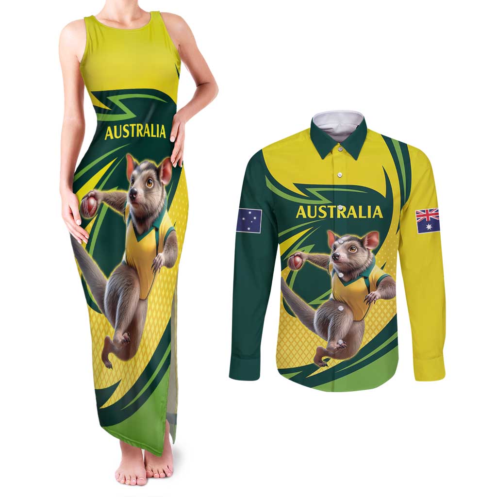 Australian Tasmanian Pademelon Cricket Custom Couples Matching Tank Maxi Dress and Long Sleeve Button Shirt Aussie National Color