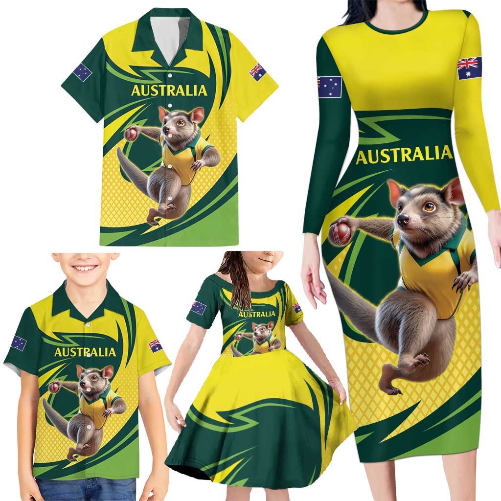 Australian Tasmanian Pademelon Cricket Custom Family Matching Long Sleeve Bodycon Dress and Hawaiian Shirt Aussie National Color