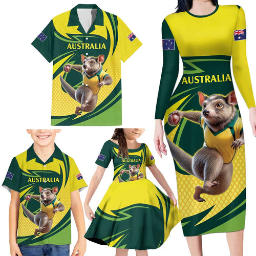 Australian Tasmanian Pademelon Cricket Custom Family Matching Long Sleeve Bodycon Dress and Hawaiian Shirt Aussie National Color