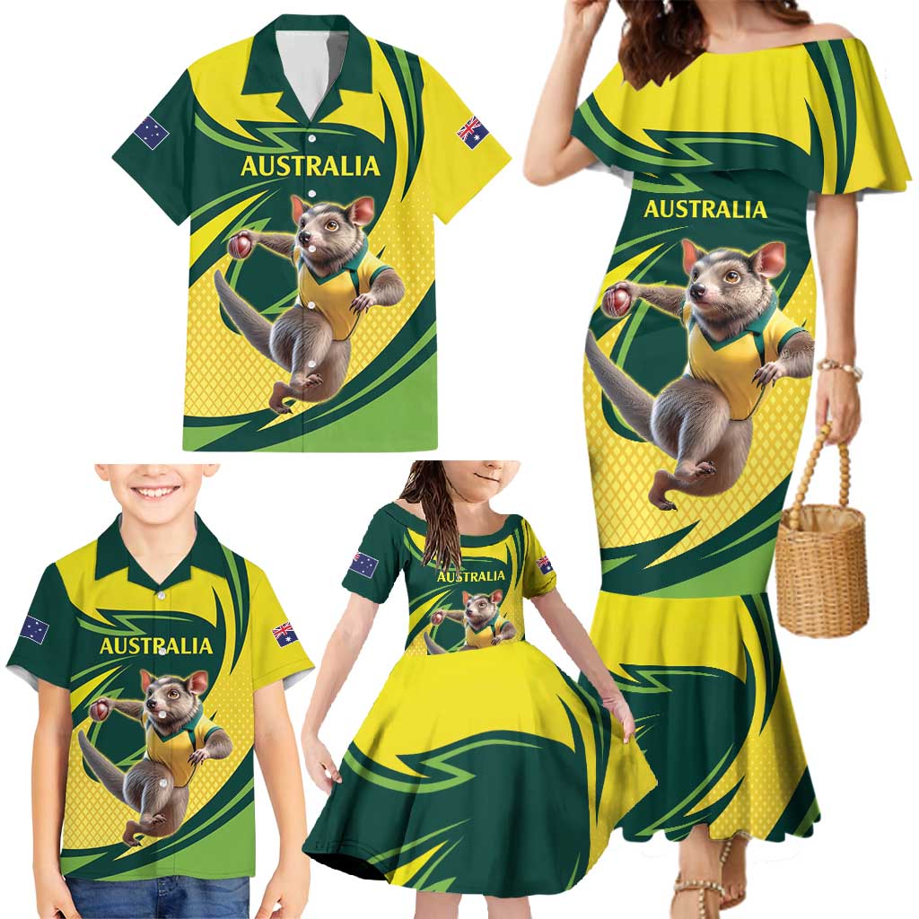 Australian Tasmanian Pademelon Cricket Custom Family Matching Mermaid Dress and Hawaiian Shirt Aussie National Color