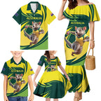 Australian Tasmanian Pademelon Cricket Custom Family Matching Mermaid Dress and Hawaiian Shirt Aussie National Color