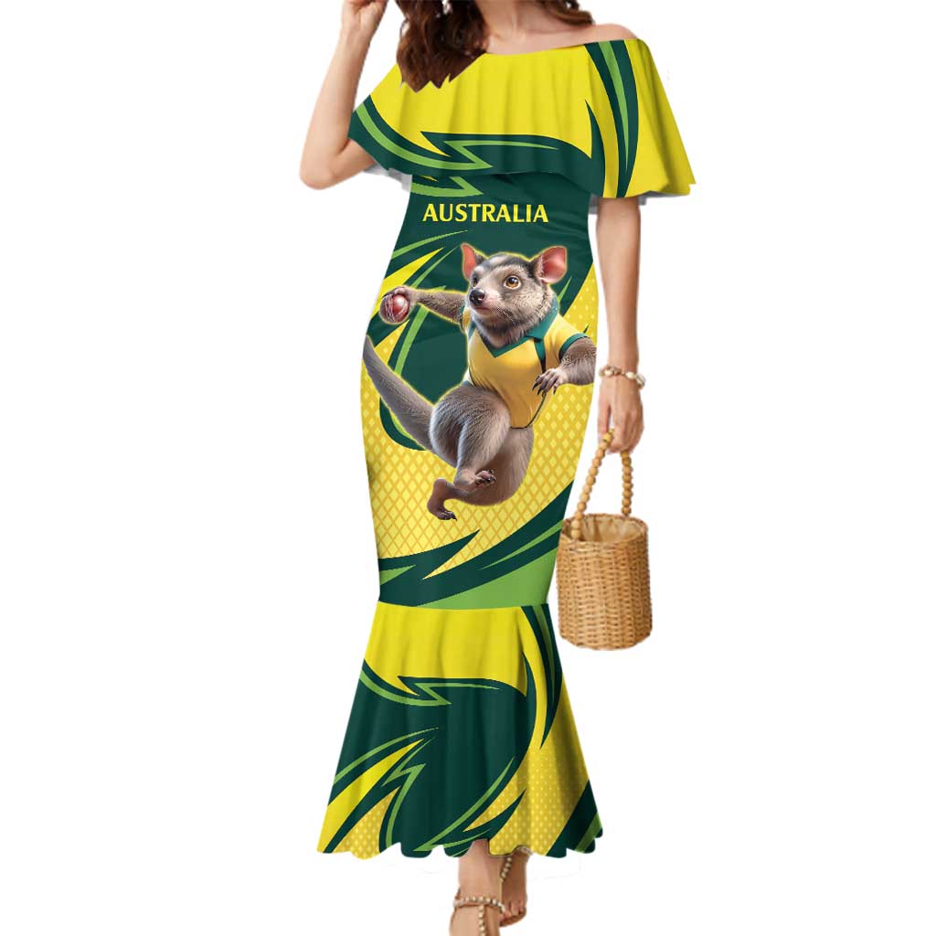 Australian Tasmanian Pademelon Cricket Custom Family Matching Mermaid Dress and Hawaiian Shirt Aussie National Color