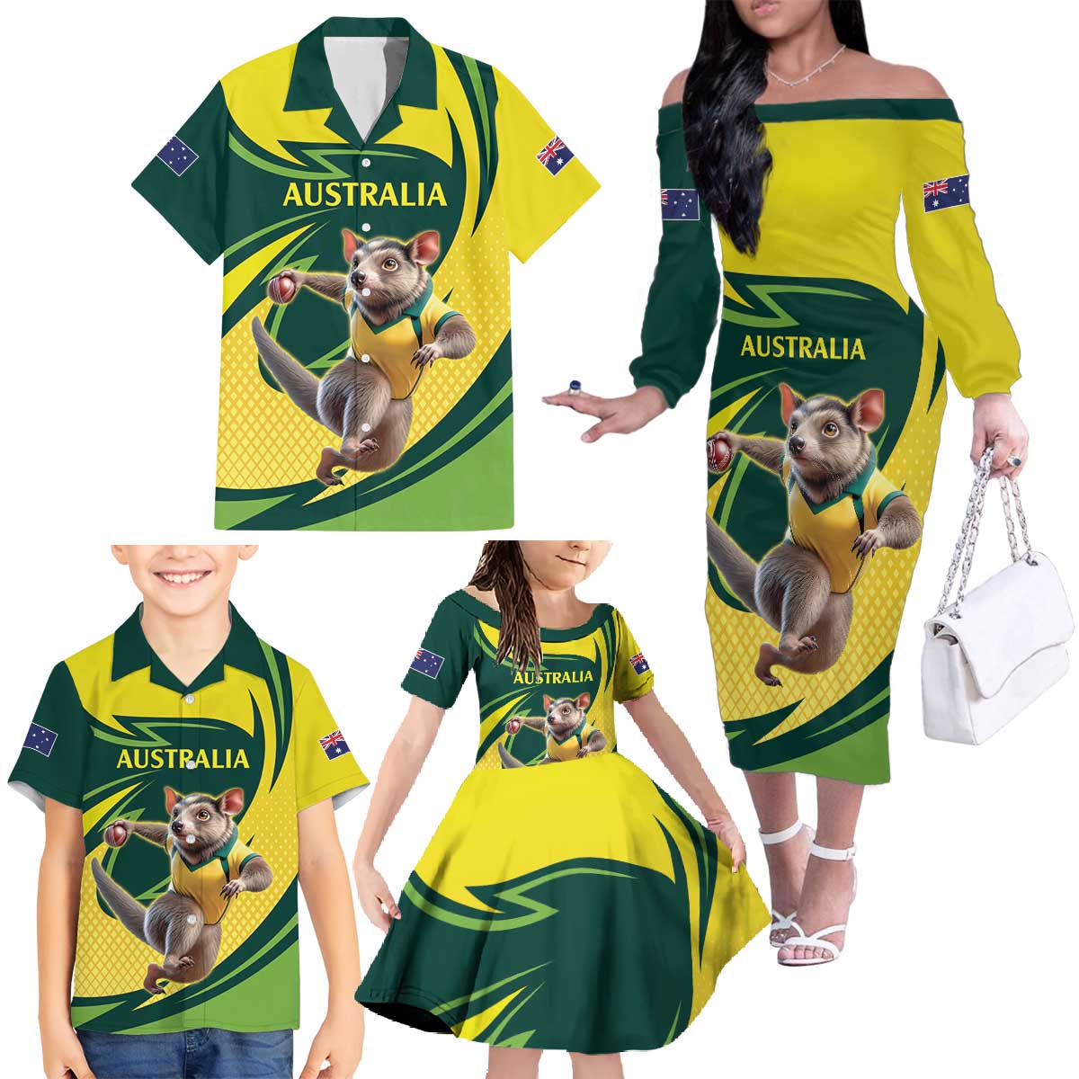 Australian Tasmanian Pademelon Cricket Custom Family Matching Off The Shoulder Long Sleeve Dress and Hawaiian Shirt Aussie National Color