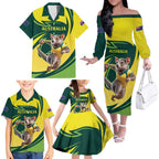 Australian Tasmanian Pademelon Cricket Custom Family Matching Off The Shoulder Long Sleeve Dress and Hawaiian Shirt Aussie National Color