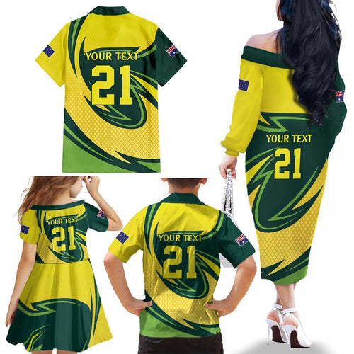 Australian Tasmanian Pademelon Cricket Custom Family Matching Off The Shoulder Long Sleeve Dress and Hawaiian Shirt Aussie National Color