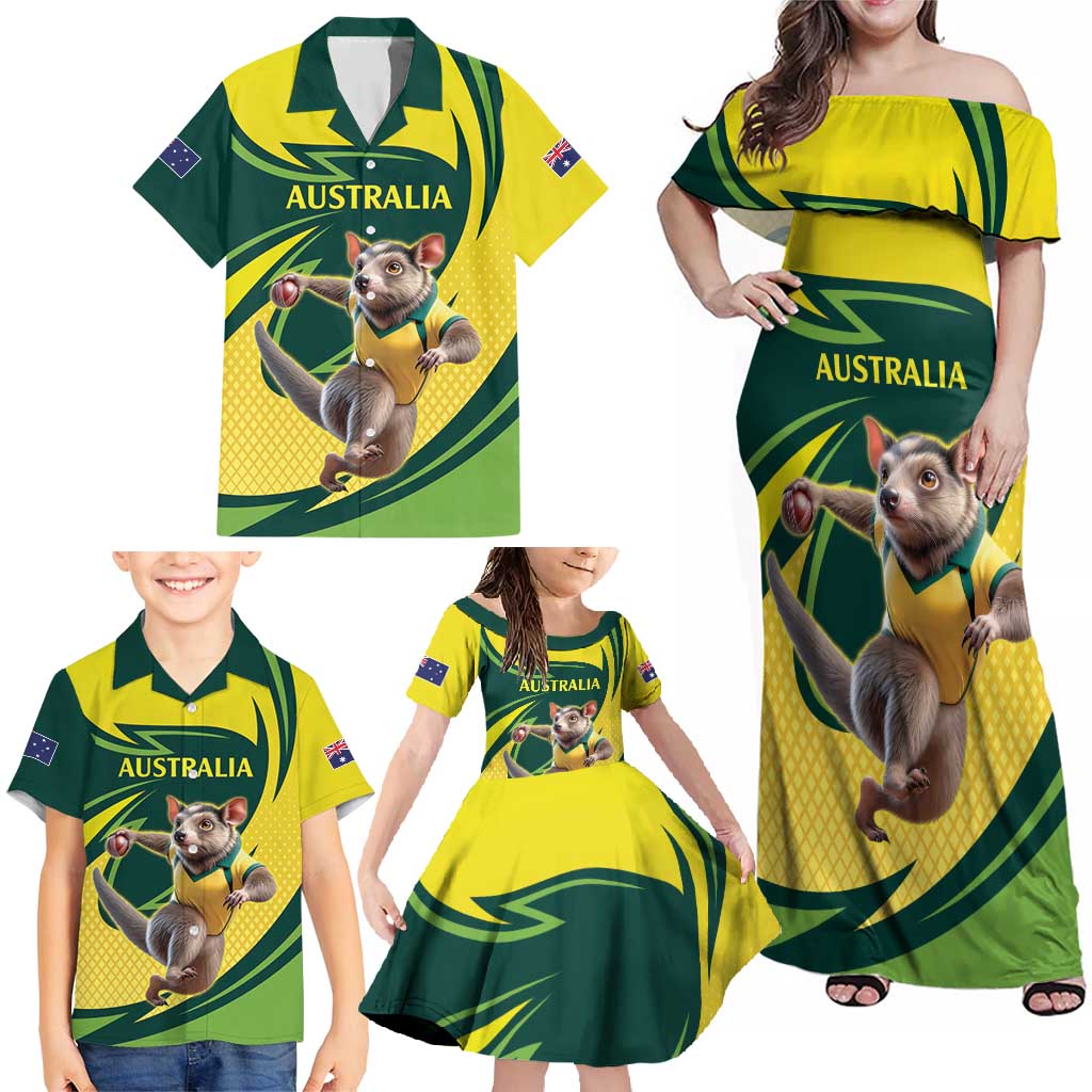 Australian Tasmanian Pademelon Cricket Custom Family Matching Off Shoulder Maxi Dress and Hawaiian Shirt Aussie National Color