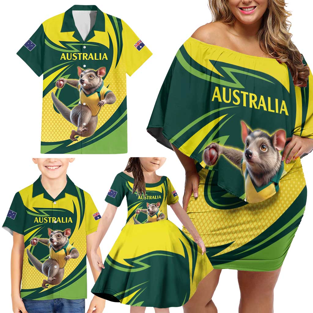 Australian Tasmanian Pademelon Cricket Custom Family Matching Off Shoulder Short Dress and Hawaiian Shirt Aussie National Color