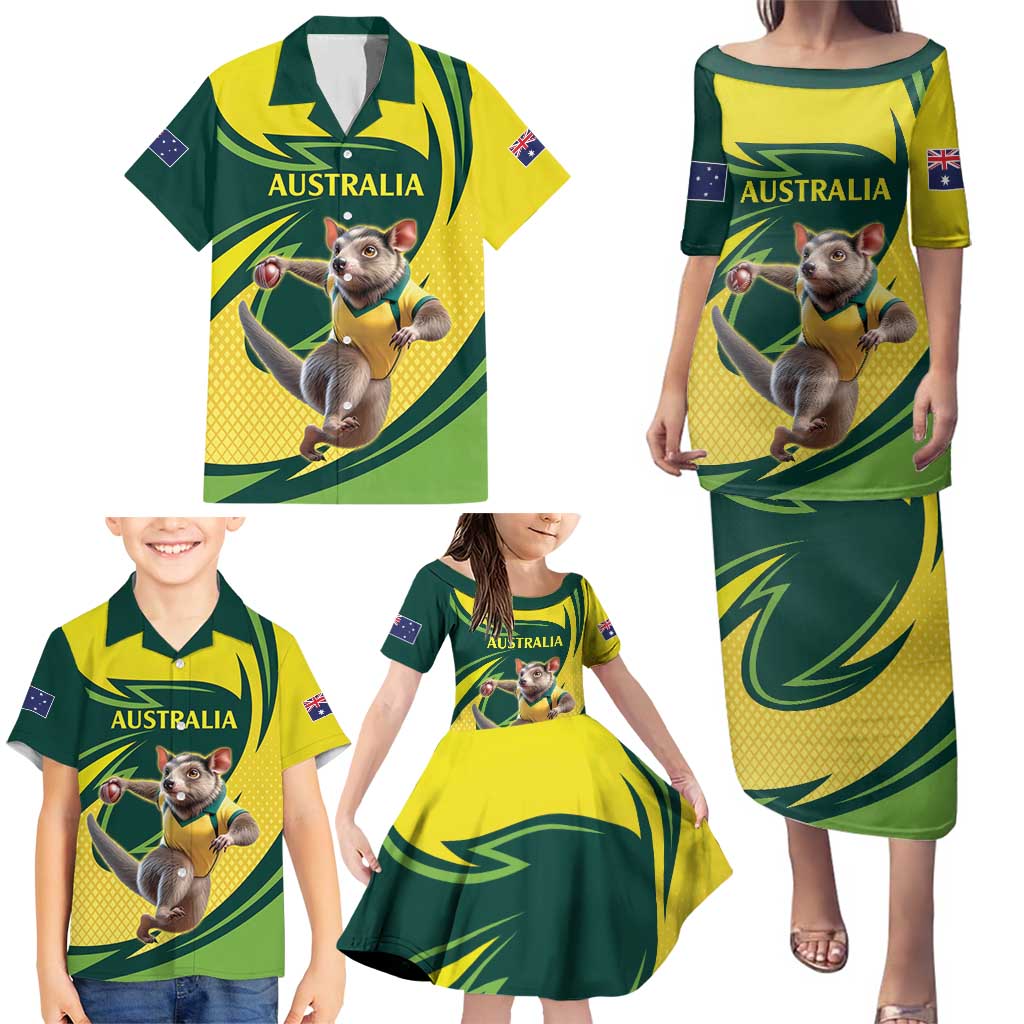 Australian Tasmanian Pademelon Cricket Custom Family Matching Puletasi and Hawaiian Shirt Aussie National Color