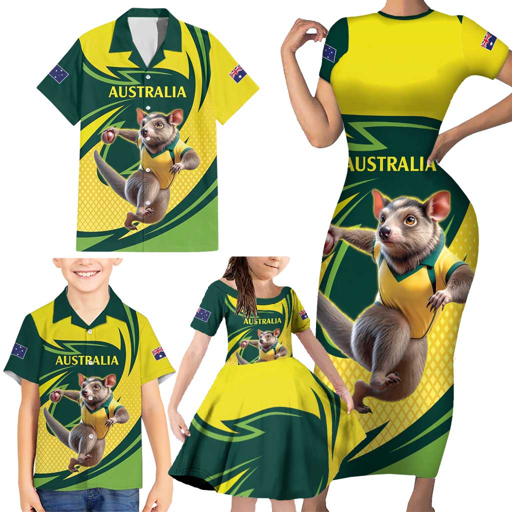 Australian Tasmanian Pademelon Cricket Custom Family Matching Short Sleeve Bodycon Dress and Hawaiian Shirt Aussie National Color