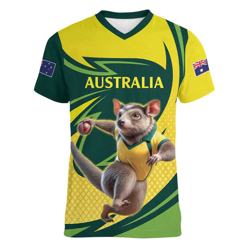 Australian Tasmanian Pademelon Cricket Custom Women V-Neck T-Shirt Aussie National Color