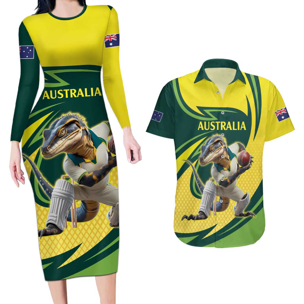 Australian Water Dragon Cricket Custom Couples Matching Long Sleeve Bodycon Dress and Hawaiian Shirt Aussie National Color