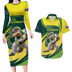 Australian Water Dragon Cricket Custom Couples Matching Long Sleeve Bodycon Dress and Hawaiian Shirt Aussie National Color