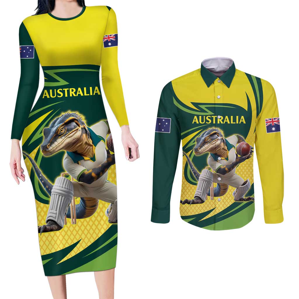 Australian Water Dragon Cricket Custom Couples Matching Long Sleeve Bodycon Dress and Long Sleeve Button Shirt Aussie National Color