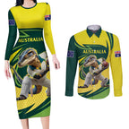 Australian Water Dragon Cricket Custom Couples Matching Long Sleeve Bodycon Dress and Long Sleeve Button Shirt Aussie National Color