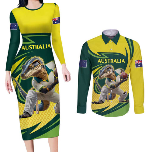 Australian Water Dragon Cricket Custom Couples Matching Long Sleeve Bodycon Dress and Long Sleeve Button Shirt Aussie National Color