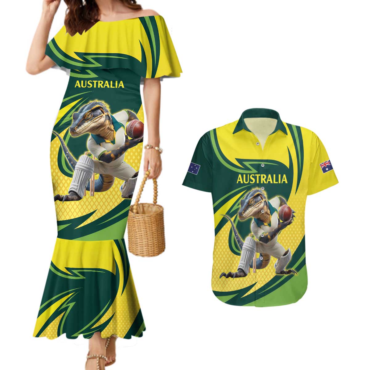 Australian Water Dragon Cricket Custom Couples Matching Mermaid Dress and Hawaiian Shirt Aussie National Color