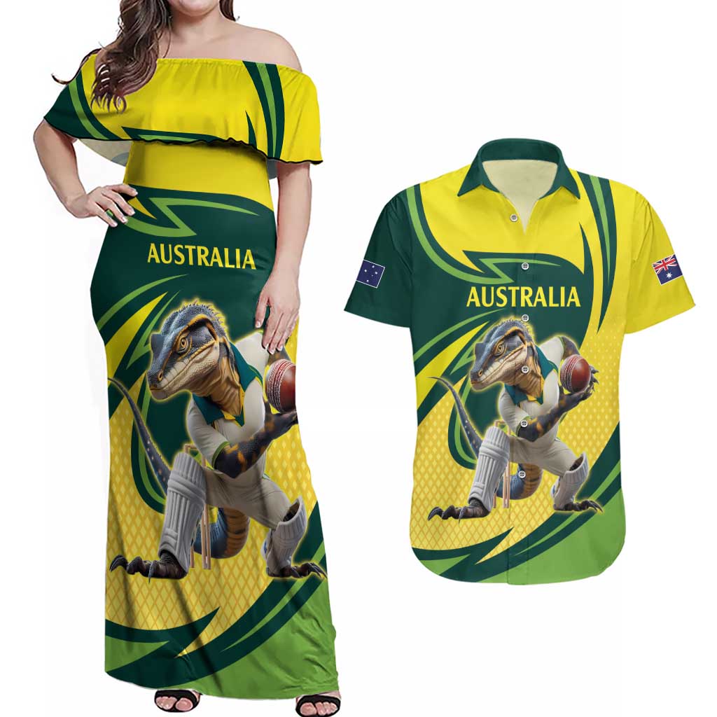 Australian Water Dragon Cricket Custom Couples Matching Off Shoulder Maxi Dress and Hawaiian Shirt Aussie National Color