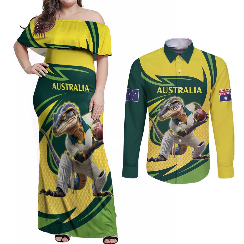 Australian Water Dragon Cricket Custom Couples Matching Off Shoulder Maxi Dress and Long Sleeve Button Shirt Aussie National Color