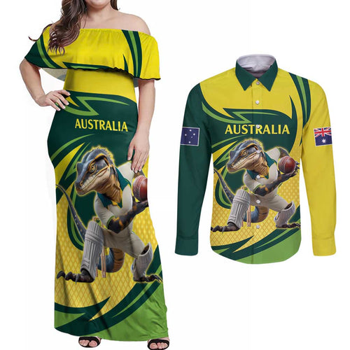 Australian Water Dragon Cricket Custom Couples Matching Off Shoulder Maxi Dress and Long Sleeve Button Shirt Aussie National Color
