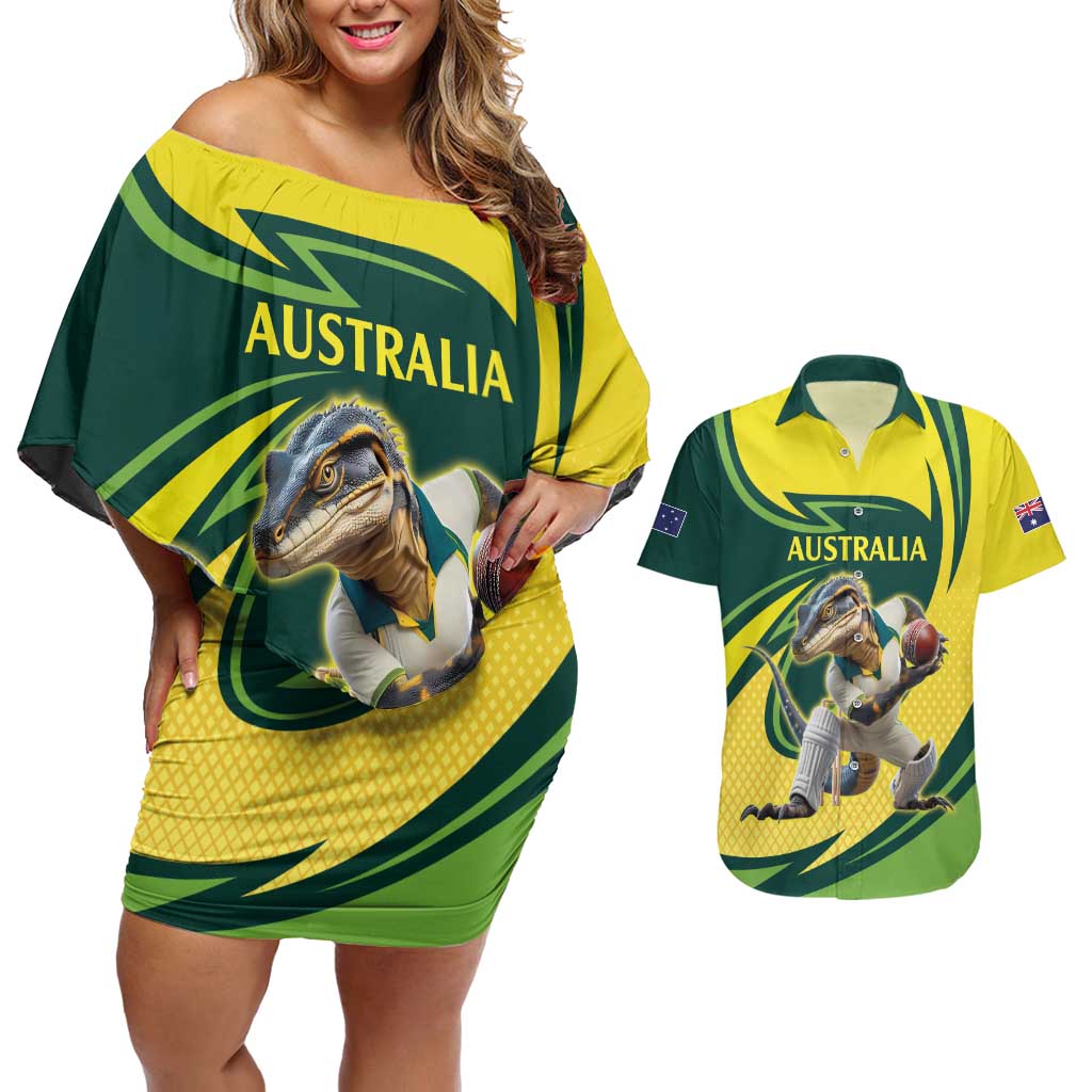 Australian Water Dragon Cricket Custom Couples Matching Off Shoulder Short Dress and Hawaiian Shirt Aussie National Color