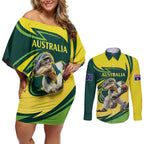 Australian Water Dragon Cricket Custom Couples Matching Off Shoulder Short Dress and Long Sleeve Button Shirt Aussie National Color