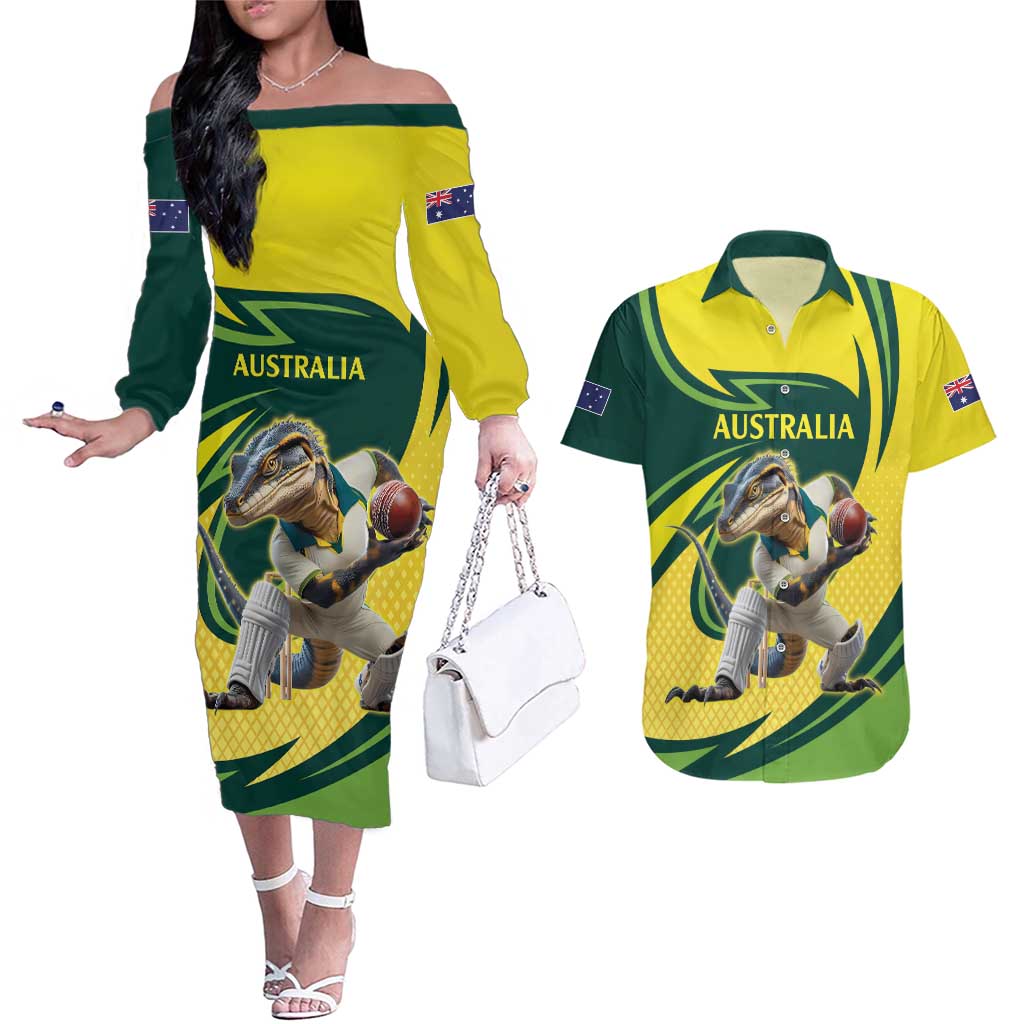 Australian Water Dragon Cricket Custom Couples Matching Off The Shoulder Long Sleeve Dress and Hawaiian Shirt Aussie National Color