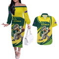 Australian Water Dragon Cricket Custom Couples Matching Off The Shoulder Long Sleeve Dress and Hawaiian Shirt Aussie National Color