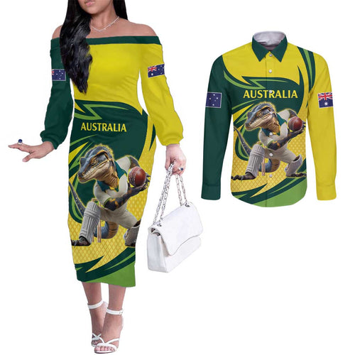 Australian Water Dragon Cricket Custom Couples Matching Off The Shoulder Long Sleeve Dress and Long Sleeve Button Shirt Aussie National Color