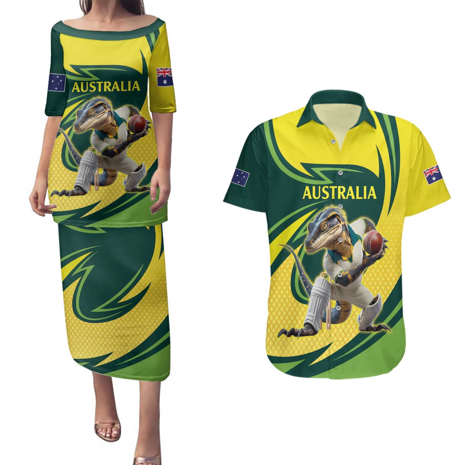 Australian Water Dragon Cricket Custom Couples Matching Puletasi and Hawaiian Shirt Aussie National Color