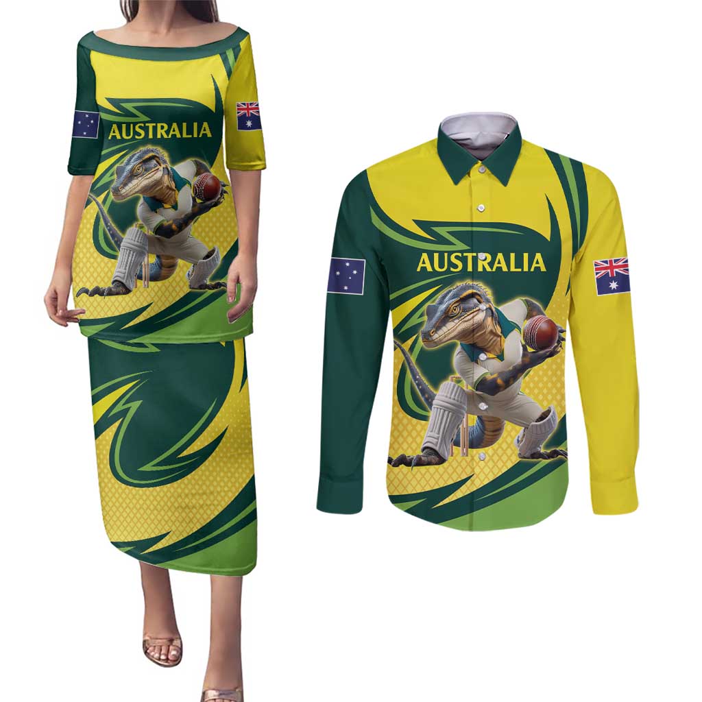 Australian Water Dragon Cricket Custom Couples Matching Puletasi and Long Sleeve Button Shirt Aussie National Color