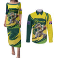 Australian Water Dragon Cricket Custom Couples Matching Puletasi and Long Sleeve Button Shirt Aussie National Color