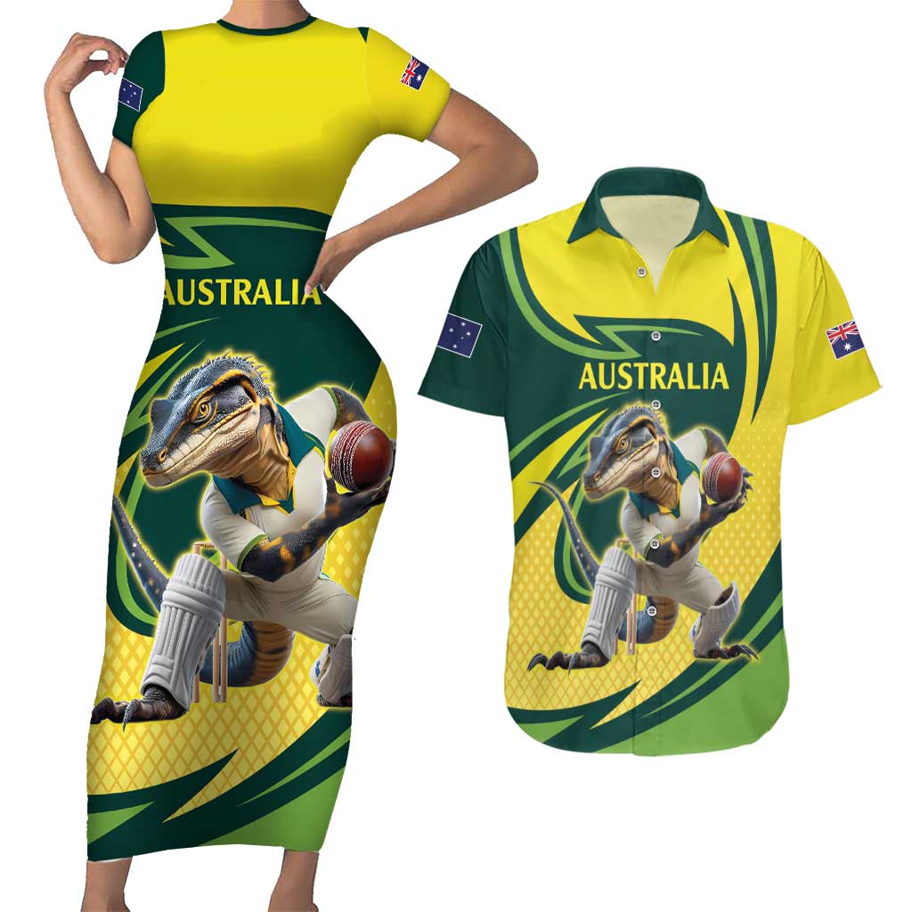 Australian Water Dragon Cricket Custom Couples Matching Short Sleeve Bodycon Dress and Hawaiian Shirt Aussie National Color