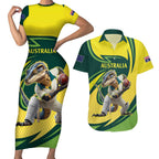 Australian Water Dragon Cricket Custom Couples Matching Short Sleeve Bodycon Dress and Hawaiian Shirt Aussie National Color
