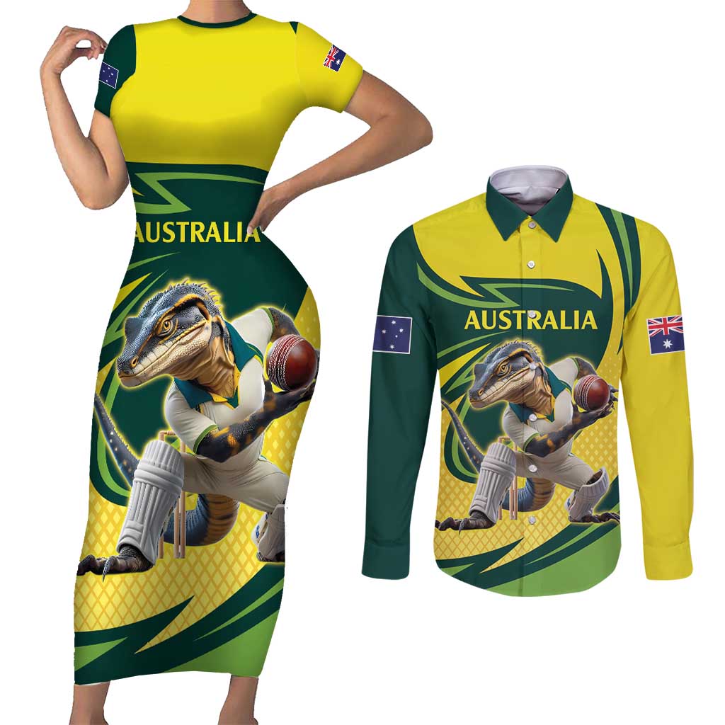 Australian Water Dragon Cricket Custom Couples Matching Short Sleeve Bodycon Dress and Long Sleeve Button Shirt Aussie National Color