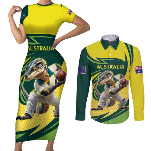Australian Water Dragon Cricket Custom Couples Matching Short Sleeve Bodycon Dress and Long Sleeve Button Shirt Aussie National Color