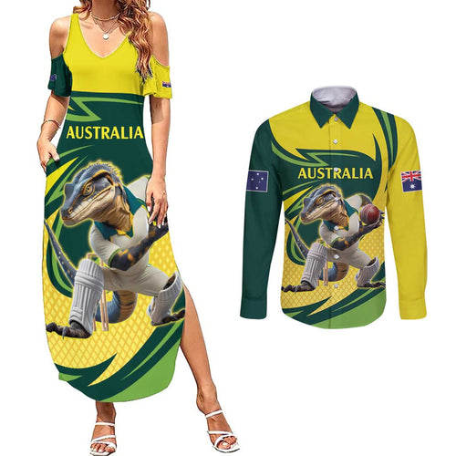 Australian Water Dragon Cricket Custom Couples Matching Summer Maxi Dress and Long Sleeve Button Shirt Aussie National Color