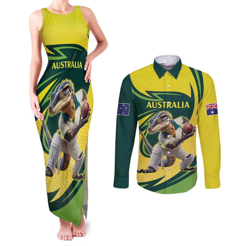 Australian Water Dragon Cricket Custom Couples Matching Tank Maxi Dress and Long Sleeve Button Shirt Aussie National Color
