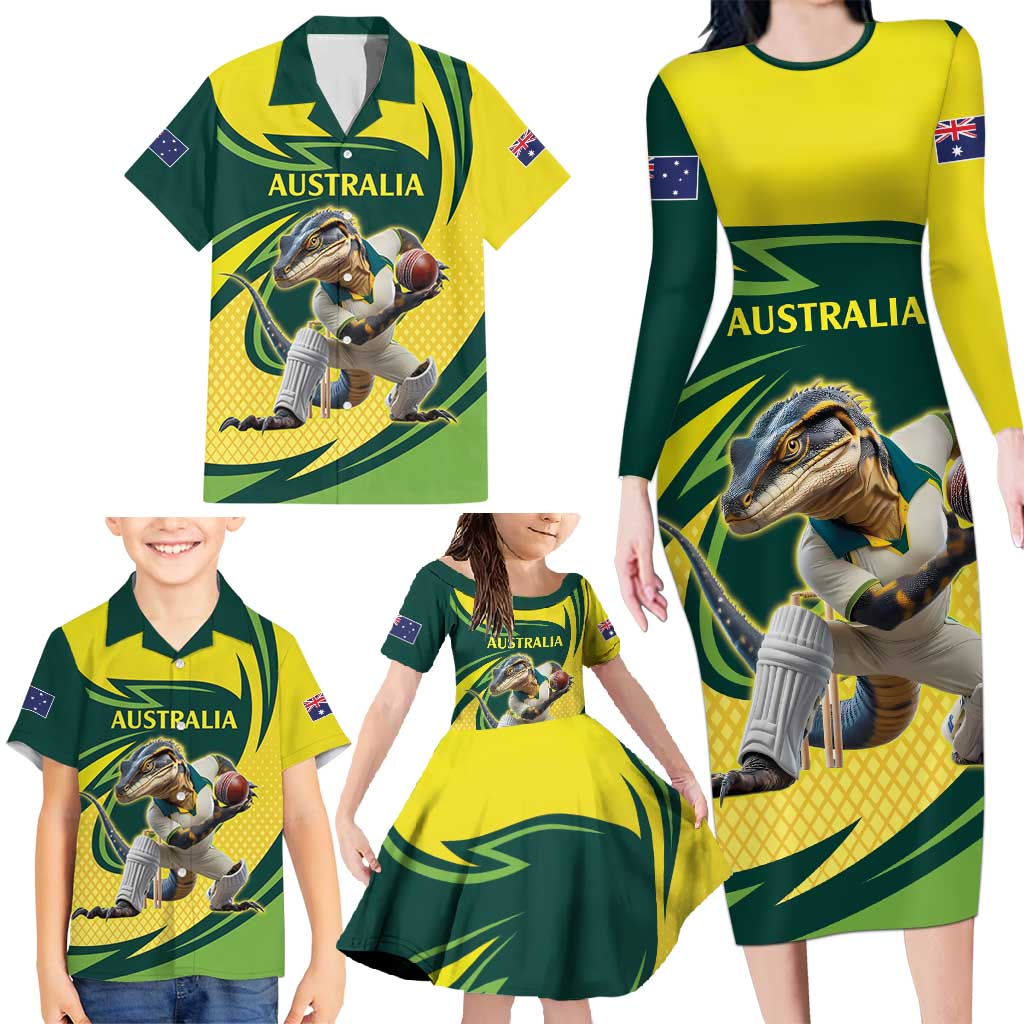 Australian Water Dragon Cricket Custom Family Matching Long Sleeve Bodycon Dress and Hawaiian Shirt Aussie National Color