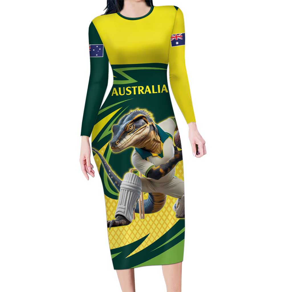 Australian Water Dragon Cricket Custom Family Matching Long Sleeve Bodycon Dress and Hawaiian Shirt Aussie National Color