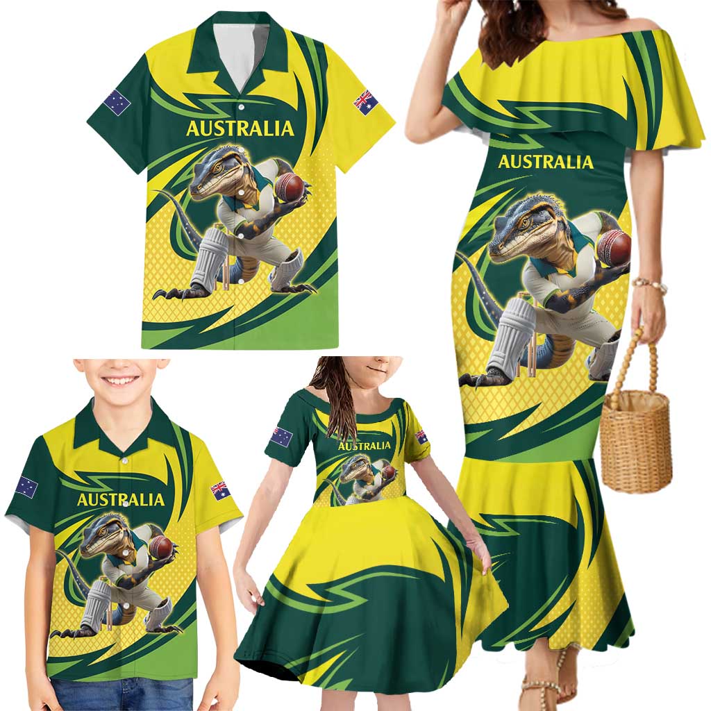 Australian Water Dragon Cricket Custom Family Matching Mermaid Dress and Hawaiian Shirt Aussie National Color