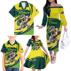 Australian Water Dragon Cricket Custom Family Matching Off The Shoulder Long Sleeve Dress and Hawaiian Shirt Aussie National Color