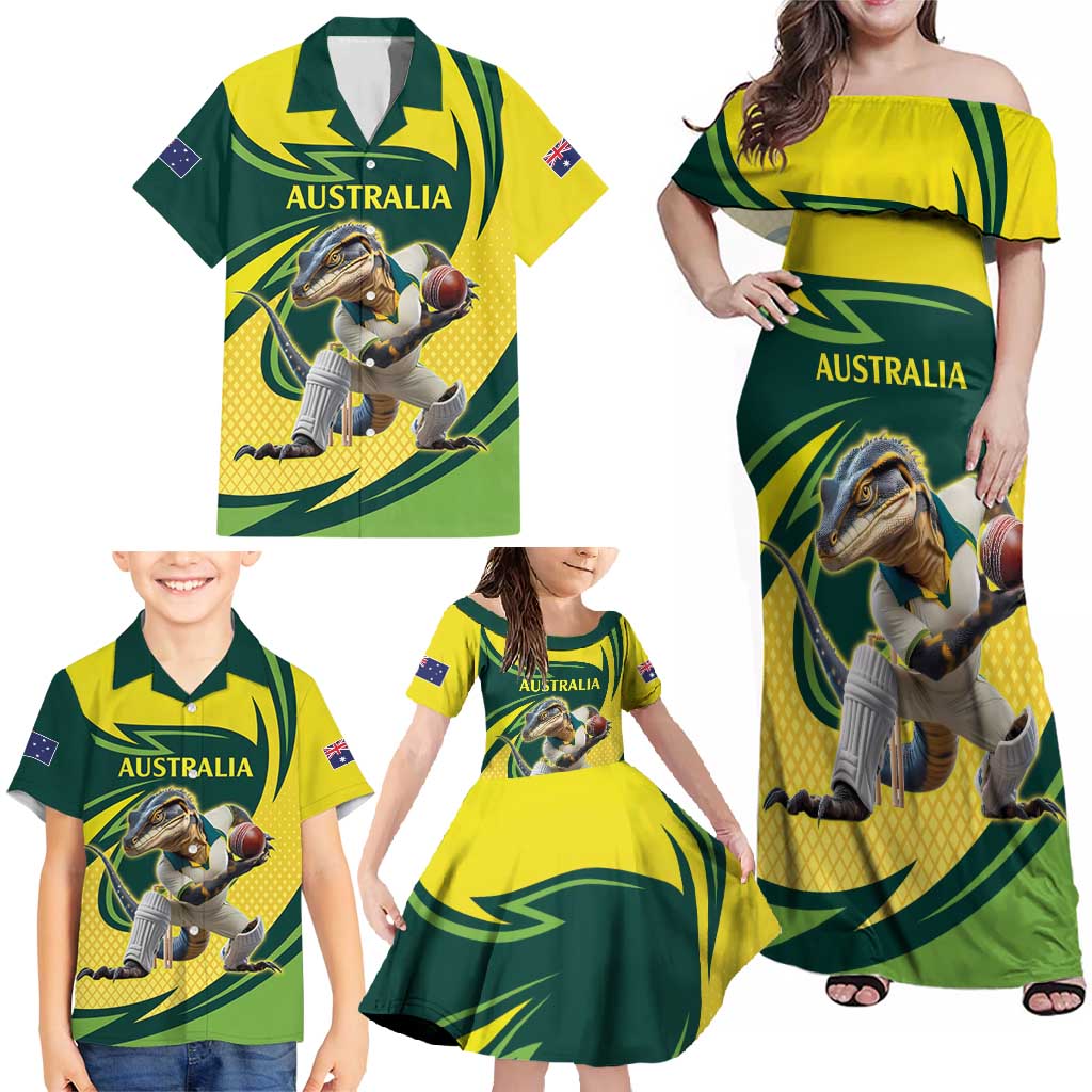 Australian Water Dragon Cricket Custom Family Matching Off Shoulder Maxi Dress and Hawaiian Shirt Aussie National Color