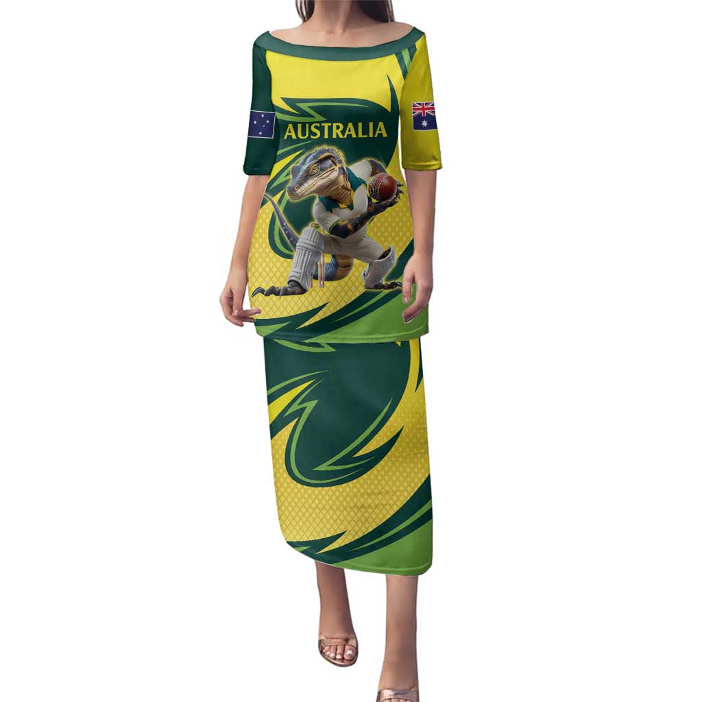 Australian Water Dragon Cricket Custom Family Matching Puletasi and Hawaiian Shirt Aussie National Color
